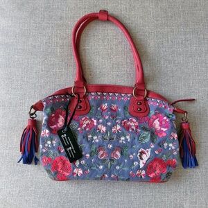 Sharif New with tags designer embroidered bag, with leather trim, Blue Floral
